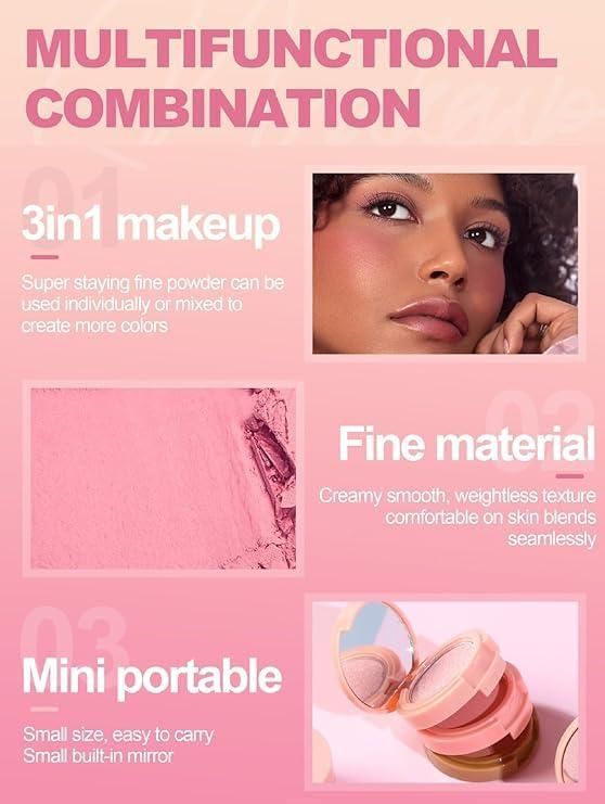 3 in1 Face Blusher + Highlighter with Mini Compact Travel Friendly Palette - Gifts4All